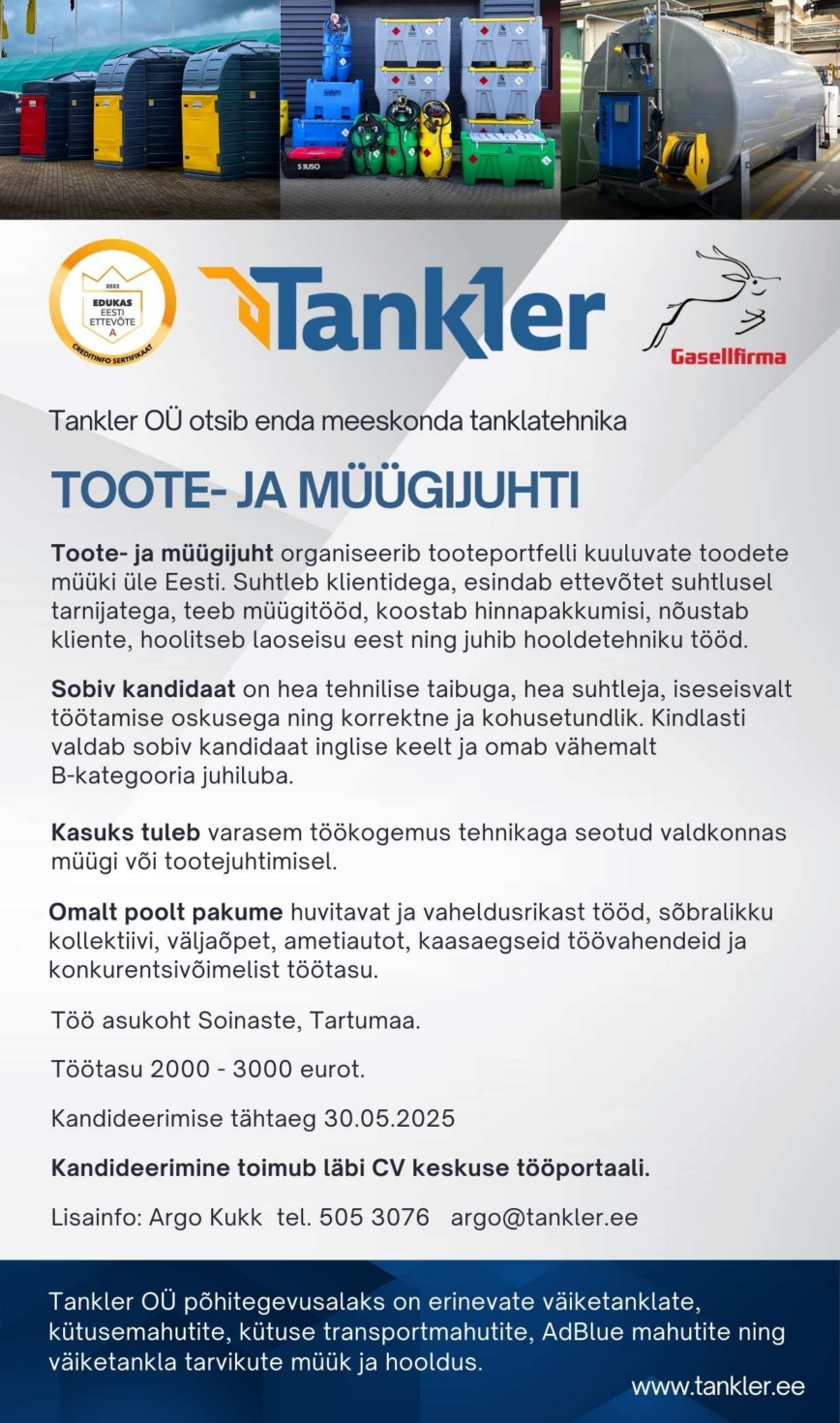 OTSIME TOOTE-JA MÜÜGIJUHTI! 1 Tankler toote ja muugijuht
