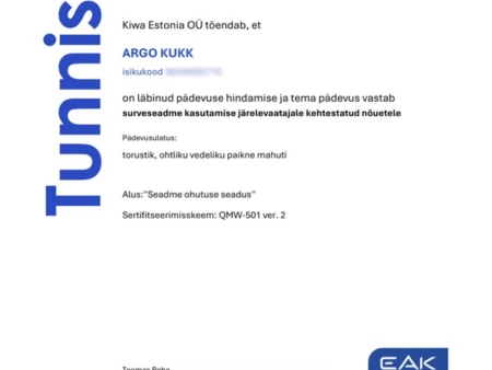 Tankler OÜ 2 kiwa tankler argo surveseadme kasutamise jarelevaataja